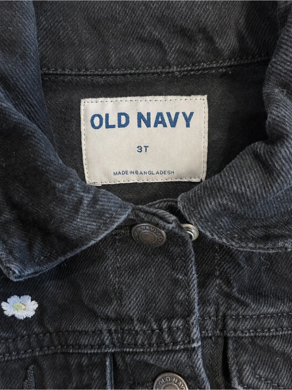 Old Navy Girls 3T Black Denim Jacket Embroidered Daisy Flowers